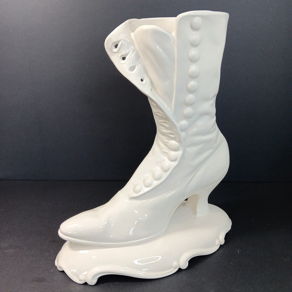 Vintage White Ceramic Victorian Womens Boot Vase Atlantic Mold Signed Isabel 329